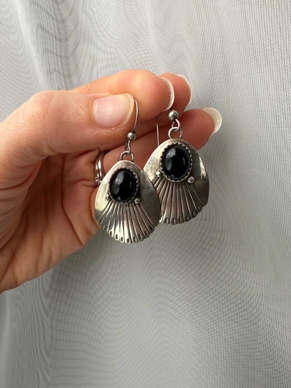 Sterling Silver Fan Drop Earrings with Black Onyx Shell Etched